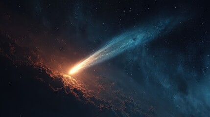 Bright comet travels through space leaving a trail in dark sky filled with stars and cosmic clouds