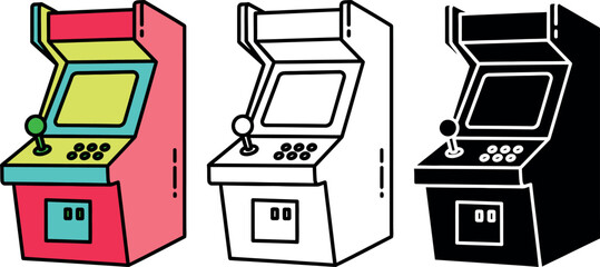 Three colorful arcade game machines with joysticks and buttons in red yellow black and white © VARIOUS