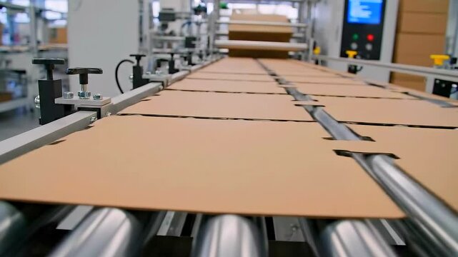 Cardboard sheets on conveyor rollers moving through automated packaging station, corrugated brown panels glide over stainless steel rollers, sensors and control panels visible, fastpaced