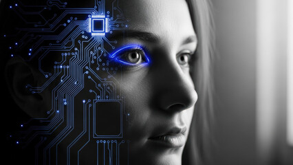 Close-up profile of a woman's face with integrated digital circuit patterns and glowing blue eye
