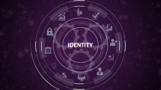 Identity verification and management system interface with for security, data, and personal attributes in a circular infographic on a dark purple background