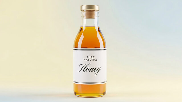 Bottle of honey syrup or golden liquid with white label