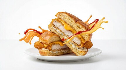 Delicious Chicken Sandwiches with Sauce Splash on White Plate.