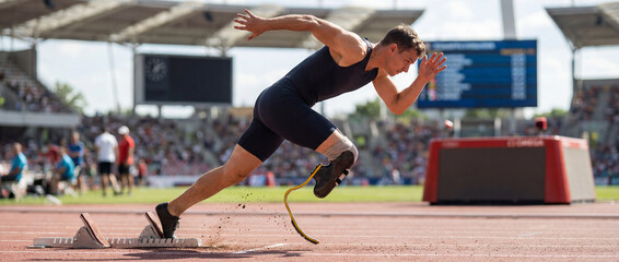 Obraz premium Disabled Athlete Explosive Start on Track, Paralympic Sprint Power