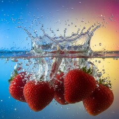 Strawberries splash in water creating bubbles and ripples in blue and yellow light