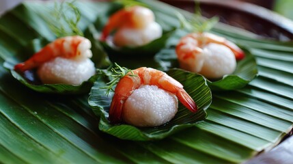 Shrimp dumplings sit on green leaves in a traditional setting during a food gathering