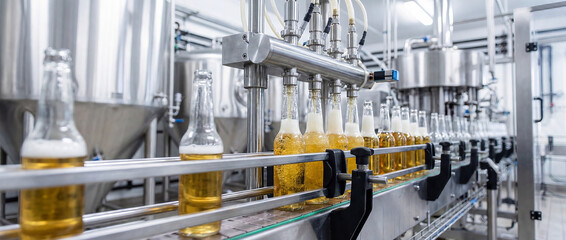 Beer Bottling Line Filling Glass Bottles on Conveyor in Modern Brewery