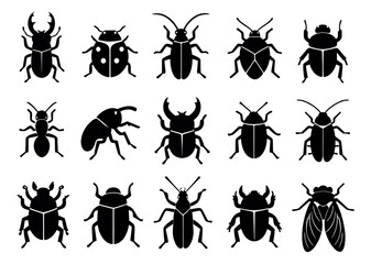 Simple icon insect set featuring various bug and beetle species for nature and entomology designs