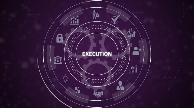 Execution infographic circle with for completion, progress, and business processes on a dark purple digital background with network patterns and gears