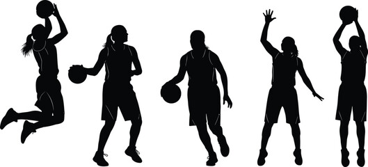 Basketball player silhouettes collection in action poses, dribbling and shooting movements, sports training and game icons, black vector illustration isolated © Shahanaz