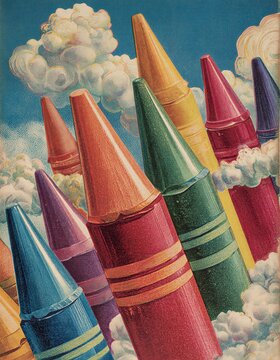 Una vibrante imagen de l&aacute;pices de colores ascendiendo a trav&eacute;s de un cielo azul celeste, como si fueran cohetes.