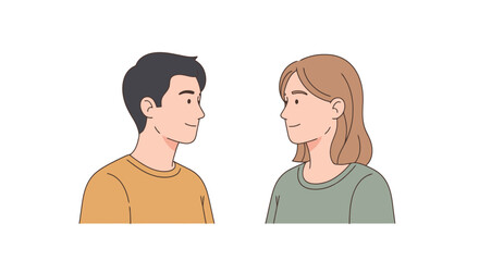 Man and woman facing each other in profile view with expressions of thoughtful connection and mutual understanding against a white background for