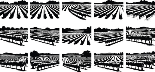 Agricultural field silhouettes collection with cultivated farmland rows and rural landscapes, farming scenery icons, countryside crop patterns, black vector illustration isolated © Shahanaz
