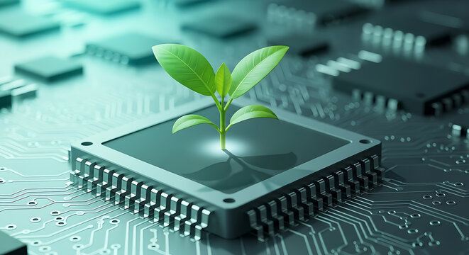 a small green plant sprouting from a black computer chip on a blurred circuit