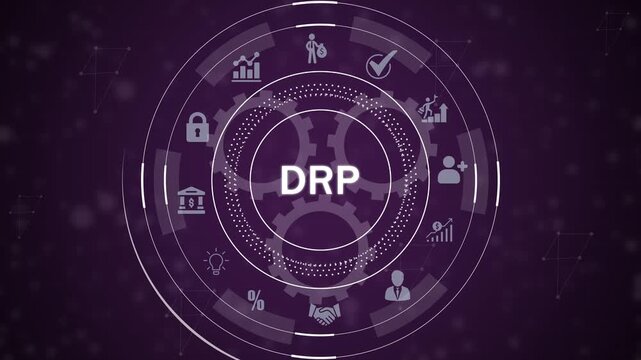 Digital infographic circle diagram representing DRP with business and financial symbols on a dark purple background with network connections