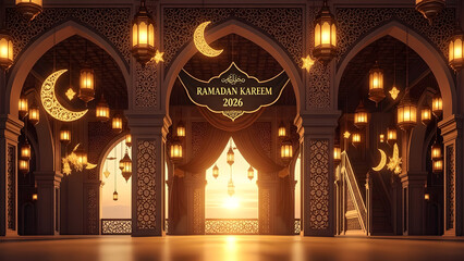 Ramadan Kareem 2026: Illuminated Mosque Interior with Lanterns and Crescent Motifs