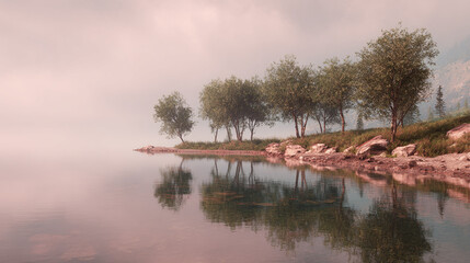 A tranquil lakeside scene with trees reflected in the still water, shrouded in a soft mist. The water's surface acts as a mirror, mirroring the idyllic surroundings