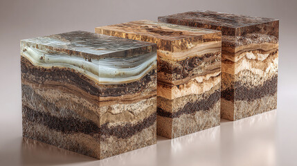 A trio of geological cross-sections revealing the intricate layers of the earth, each block showcasing unique strata