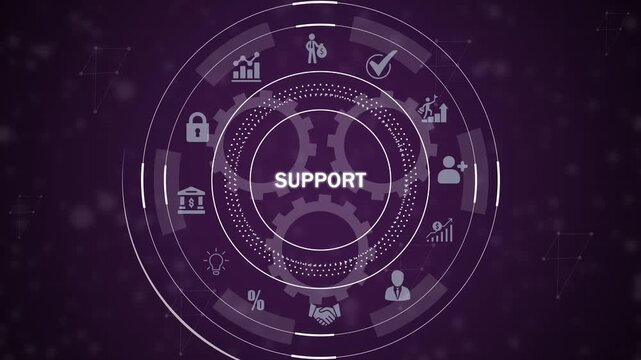 Futuristic circular interface with the word SUPORT at its core, encircled by business and gear against a dark purple bokeh background