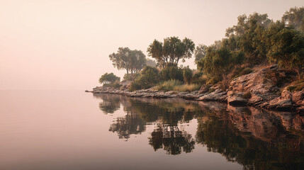 A serene lake surrounded by a rocky shore and lush trees, shrouded in a soft, misty haze. The water mirrors the sky and the shoreline perfectly, reflecting the tranquil scenery. 