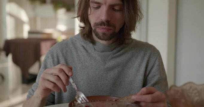 Man Eats Salad and Buckwheat Porridge For Breakfast 4K 10-bit