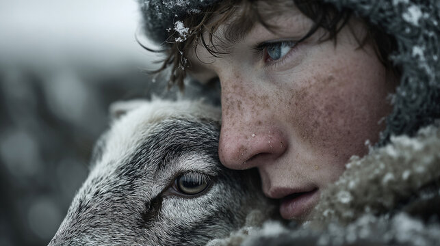 Shepherd boy&rsquo;s face & a small lamb pressed against his chest. His cheeks are flushed from the cold, his eyelashes damp, & a few strands of hair cling to his forehead beneath the knitted hat