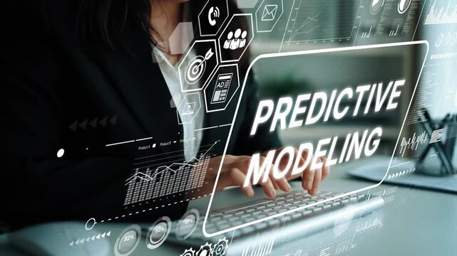 Business Professional Engaged in Predictive Modeling with Data and Analytics Graphics in Modern Workspace Environment. Asymptotic smart data analytic.