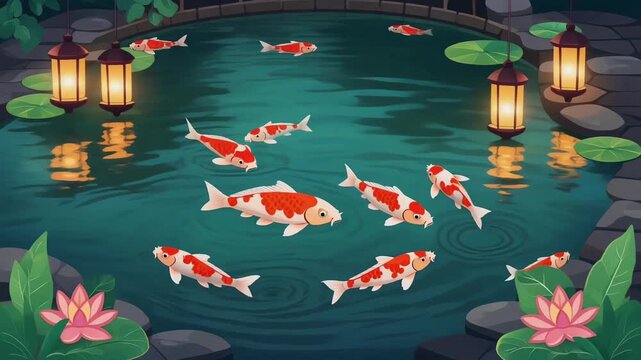 School of colorful koi fish swim gracefully beneath clear pond water, their patterns forming a tranquil scene of harmony, movement, and natural beauty.