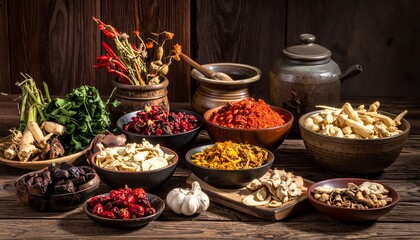 A rustic arrangement of various dried and fresh herbs and mushrooms on wooden bowls and cutting boards