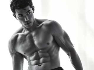 Fototapeta premium 引き締まった筋肉美を魅せるアスリート男性の上半身モノクロ表現