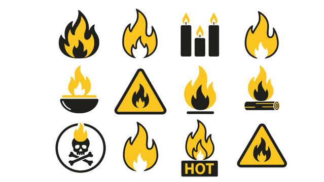 A collection of warning signs and symbols indicating fire and heat hazards