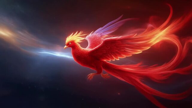 Fiery red phoenix soaring with glowing wings against dark background, representing strength, renewal, and prosperity in dramatic mythological illustration.
