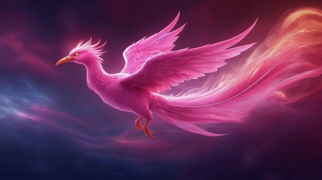 Glowing pink phoenix flying through dark background, symbolizing rebirth, elegance, and mythical power in an ethereal fantasy art style.