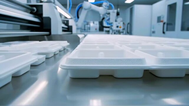 White trays on stainless conveyor in sterile production cleanroom, thermoformed plastic containers glide past robotic arm and sensor systems, precise molding and inspection under clinical