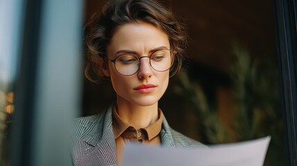 Woman reads document while sitting indoors near a window in a cozy atmosphere during daylight hours