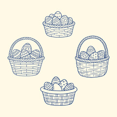 Hand Drawn Easter Baskets with Decorated Eggs &ndash; Line Art Vector Set | Cute Wicker Easter Egg Basket Illustrations for Spring Holiday Design