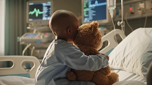 A young boy in a hospital gown sits on a hospital bed holding a teddy bear, surrounded by medical equipment, conveying hope and strength while battling cancer.
