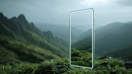 A sleek smartphone displaying a stunning mountain landscape, seamlessly blending technology with nature