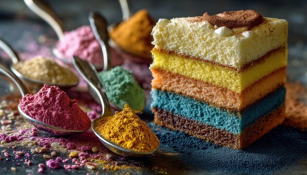Un pastel de capas vibrantes rodeado de polvos de colores en cucharas.