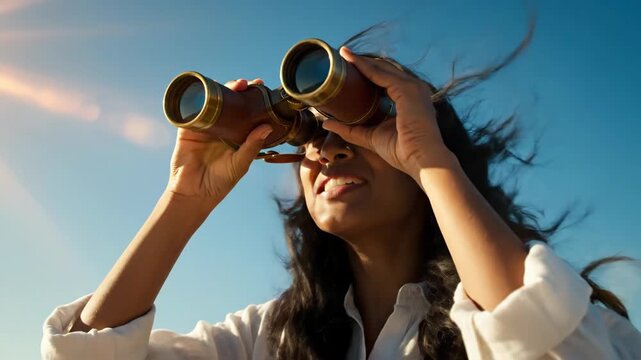 Woman peering through binoculars at bright sunny sky. Excited outdoor exploration with windblown hair. Nature observation and adventure discovery concept.