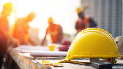 A bright yellow hardhat sits prominently on a construction site table as workers review blueprints in the sunny background on construction site.
