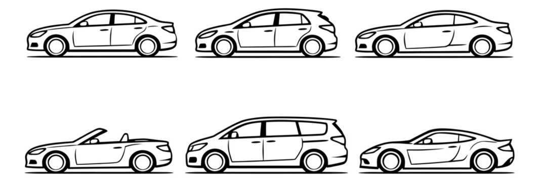 Hand drawn line art vehicle set featuring various car types for transportation concepts