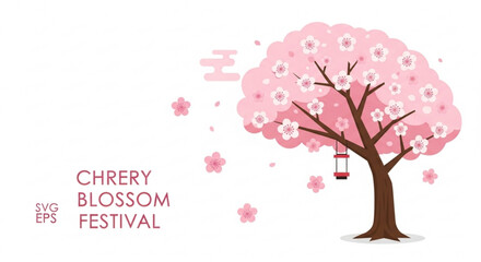 Obraz premium Cherry blossom festival graphic with pink tree and lantern blooming flowers and petals on white background