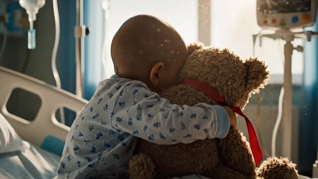 A young child in hospital pajamas hugs a teddy bear with a red ribbon in a hospital room, conveying hope and strength against cancer.