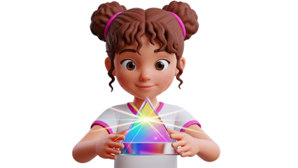 Cartoon girl holding a prism with rainbow light effects