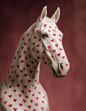 Retrato de un semental blanco cubierto de corazones rojos.