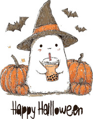Halloween Ghost Sipping Bubble Tea: A whimsical Halloween illustration of a friendly ghost enjoying bubble tea amidst pumpkins and bats, evoking a playful and festive mood.