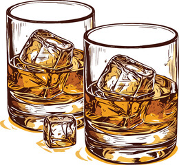 Whiskey on the Rocks: Artistic rendering of two glasses of amber whiskey, each brimming with glistening ice cubes, along with single cube, ready to be enjoyed.