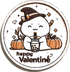 Valentine's Bubble Tea Delight: A charming, whimsical illustration depicts a cute, ghostly figure enjoying bubble tea, wearing a witch hat and surrounded by pumpkins, with a Happy Valentine message.