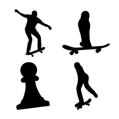Dynamic silhouettes showcasing skateboarding action and a classic chess pawn piece © Muntahaart